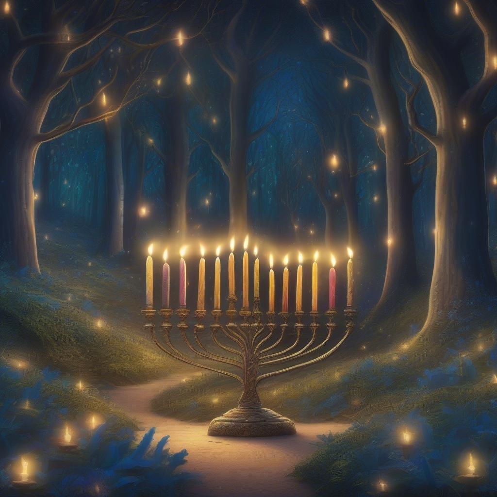 Kom i feststemning med denne fantastiske Hanukkah-baggrund, der har en smuk menorah omgivet af livlige farver og indviklede mønstre.