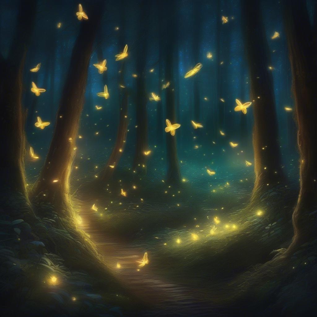 Immerse yourself in the magical world of fantasy with this captivating wallpaper, featuring a serene forest scene with fireflies and butterflies.