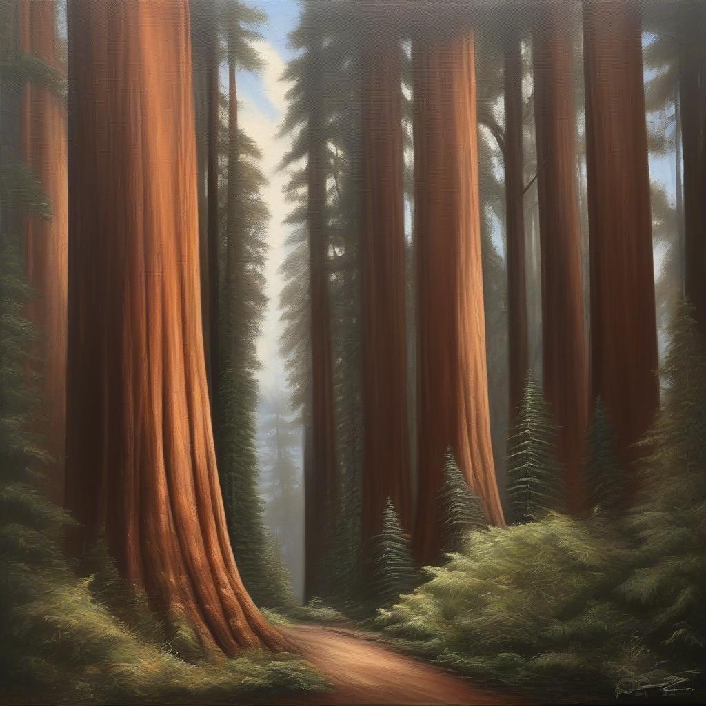 This serene scene captures the tranquility of walking along a path through a majestic redwood forest. The tall, ancient trees stand as silent giants, their red bark contrasting with the green moss growing on them. The misty fog adds an air of mystery to the landscape. This image is perfect for those who enjoy nature and the peaceful ambiance it offers.