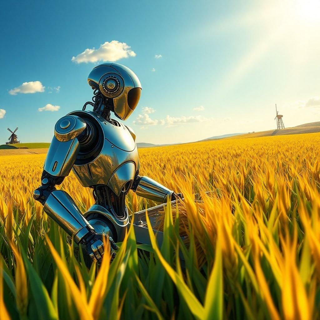 A robot stands in a wheat field, surrounded by the golden hues of the sun-kissed crops. The robot's metallic body glistens in the light, its advanced technology a stark contrast to the natural beauty of the landscape.