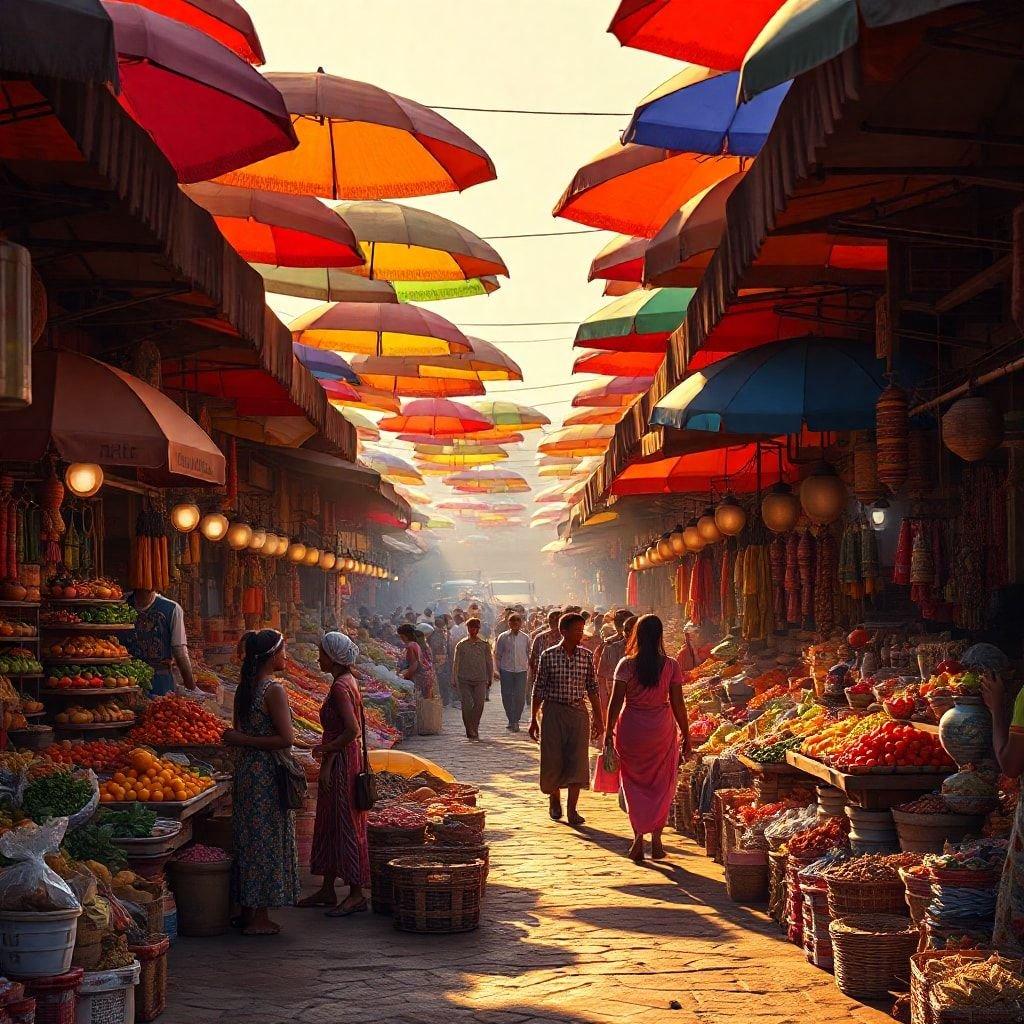 Vibrant open-air market with stalls selling a variety of goods, bustling with activity as people shop and vendors attend to their wares. The morning light brings out the colors of the umbrellas and clothing, casting long shadows on the pavement.