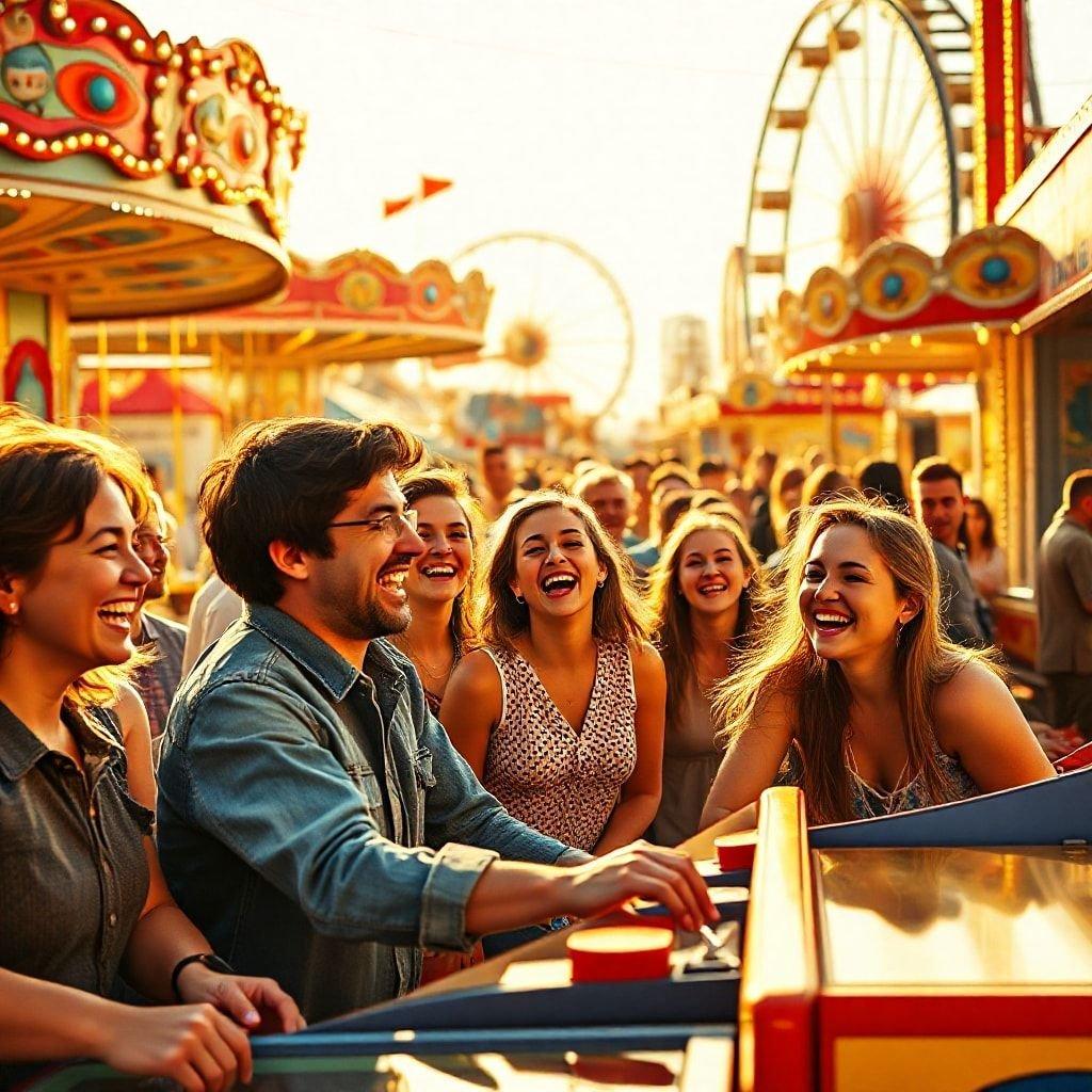 A lively group enjoying the carnival atmosphere with bright rides, laughter, and joyful faces.