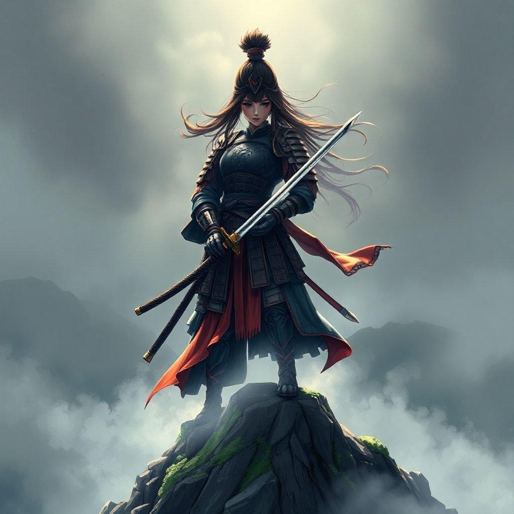 Step into a world of mystery and intrigue with this captivating anime illustration of a samurai warrior standing atop a misty mountain. The enigmatic figure, shrouded in mystery, exudes an air of intensity and focus as she holds her sword at the ready.