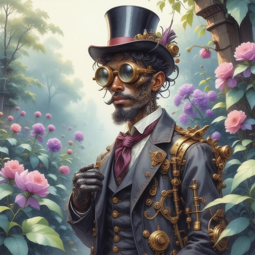 An adventurer from another era stands amidst a verdant garden, his attire adorned with intricate mechanical gears that hint at the marvels of his imagination and craft. The blurred backdrop of purple and pink flowers creates an enchanting atmosphere, while the artist's signature adds a touch of mystery to this captivating scene.