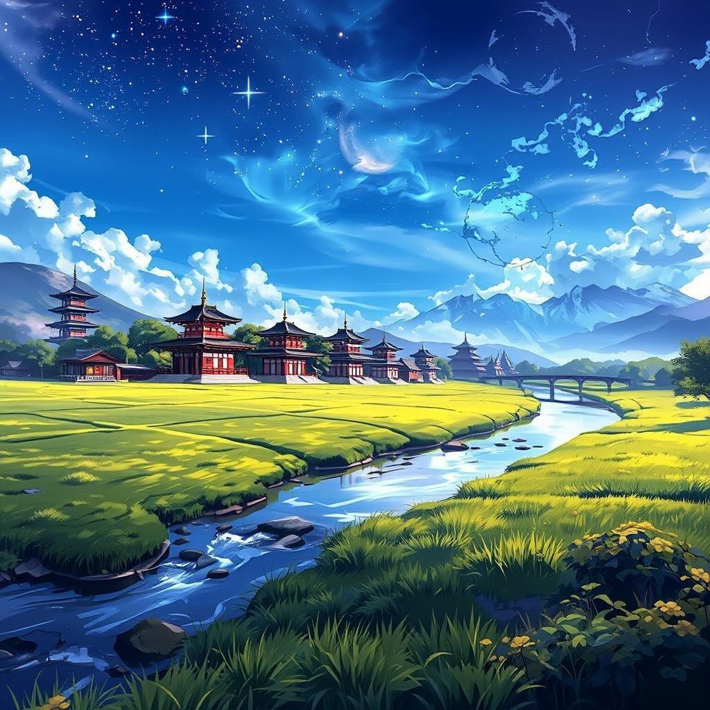 A tranquil anime-style landscape painting showcasing a winding river, a lush green field, and traditional Japanese temples under a deep blue starlit sky.