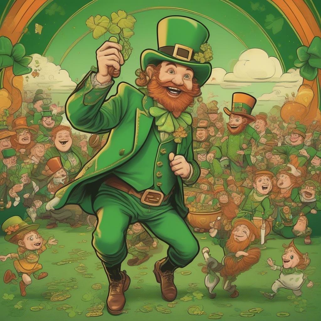 A joyful celebration of Irish heritage with a leprechaun at the center, surrounded by other leprechauns and shamrock decorations.