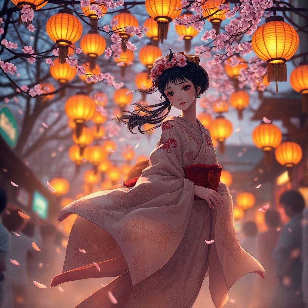 Une illustration numérique tranquille montrant une geisha marchant gracieusement à travers une procession de lanternes d'un autre monde, baignée dans la douce lueur des lumières orange et jaune. Le mélange harmonieux de la nature avec des éléments culturels crée une atmosphère onirique parfaite pour les fonds d'écran de bureau ou mobile.