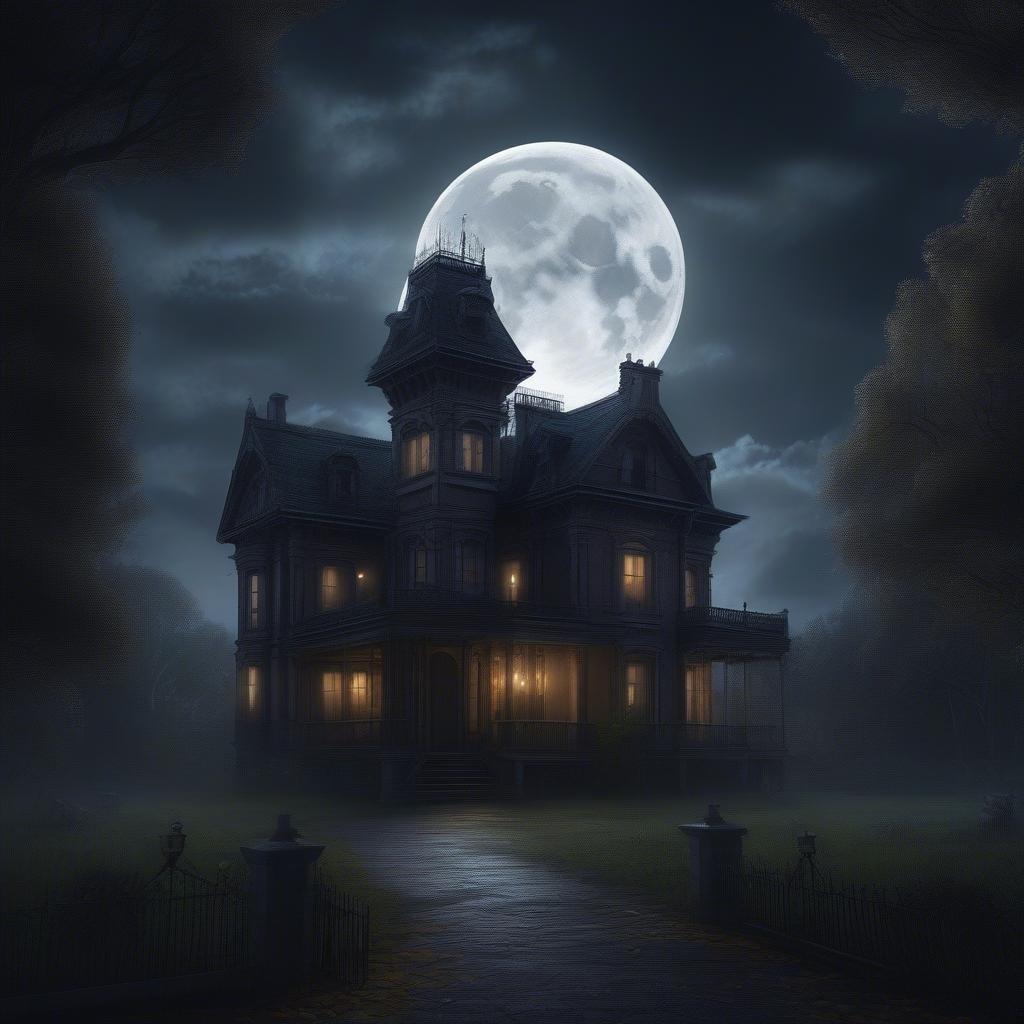 A mysterious Halloween mansion illuminated by the full moon, inviting you to explore its shadowy halls.