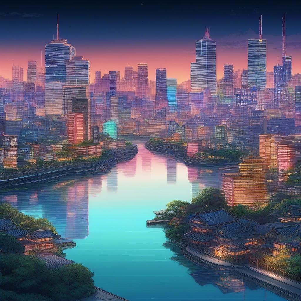 Ett förtrollande anime-stil stadslandskap av futuristiskt Tokyo, som fångar neonlyset från den pulserande metropolen som speglas på en lugn flod. Den lugna förgrunden kontrasterar med den livliga urbana bakgrunden under en mjuk skymningshimmel.