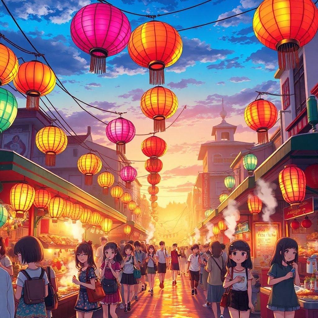 Immerse yourself in the vibrant energy of this anime street market, where the air is filled with the enticing aromas of steaming food stalls and the radiant glow of colorful lanterns.