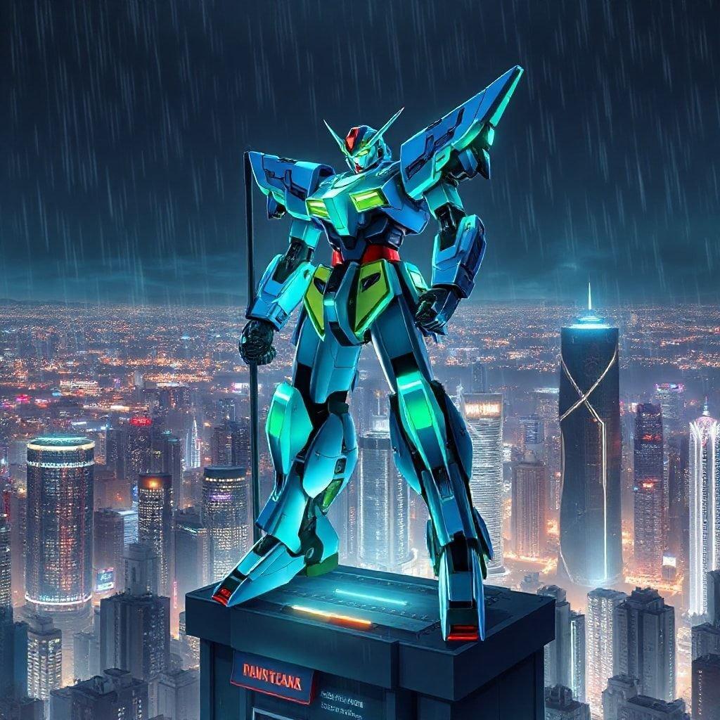 Get ready to level up your desktop or mobile wallpaper with this epic anime-style mecha robot standing tall over a bustling metropolis. The vibrant blue and green color scheme and raised arms with staff create an electrifying atmosphere that's sure to make your screens come alive.