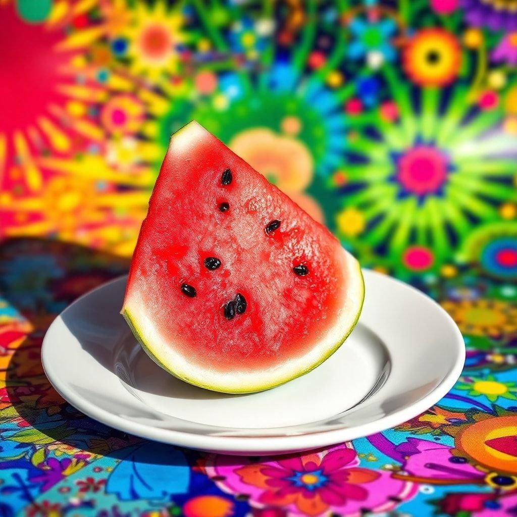 Vibrant slice of watermelon with black seeds on a white plate, set against an colorful background for a vivid wallpaper.