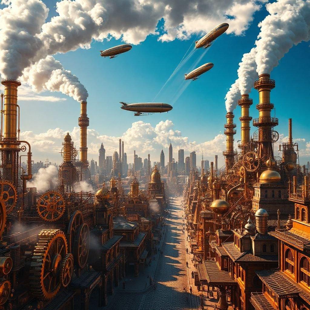 Questo sfondo artistico 3D ti trasporta in una fantastica città steampunk, dove l'estetica dell'era vittoriana incontra la tecnologia avanzata. L'immagine mostra una metropoli vivace con intricate macchine a orologeria, dirigibili che solcano il cielo e un senso di rivoluzione industriale. La luce calda e dorata e le texture dettagliate creano un'atmosfera affascinante, invitandoti a esplorare questo mondo immaginario.