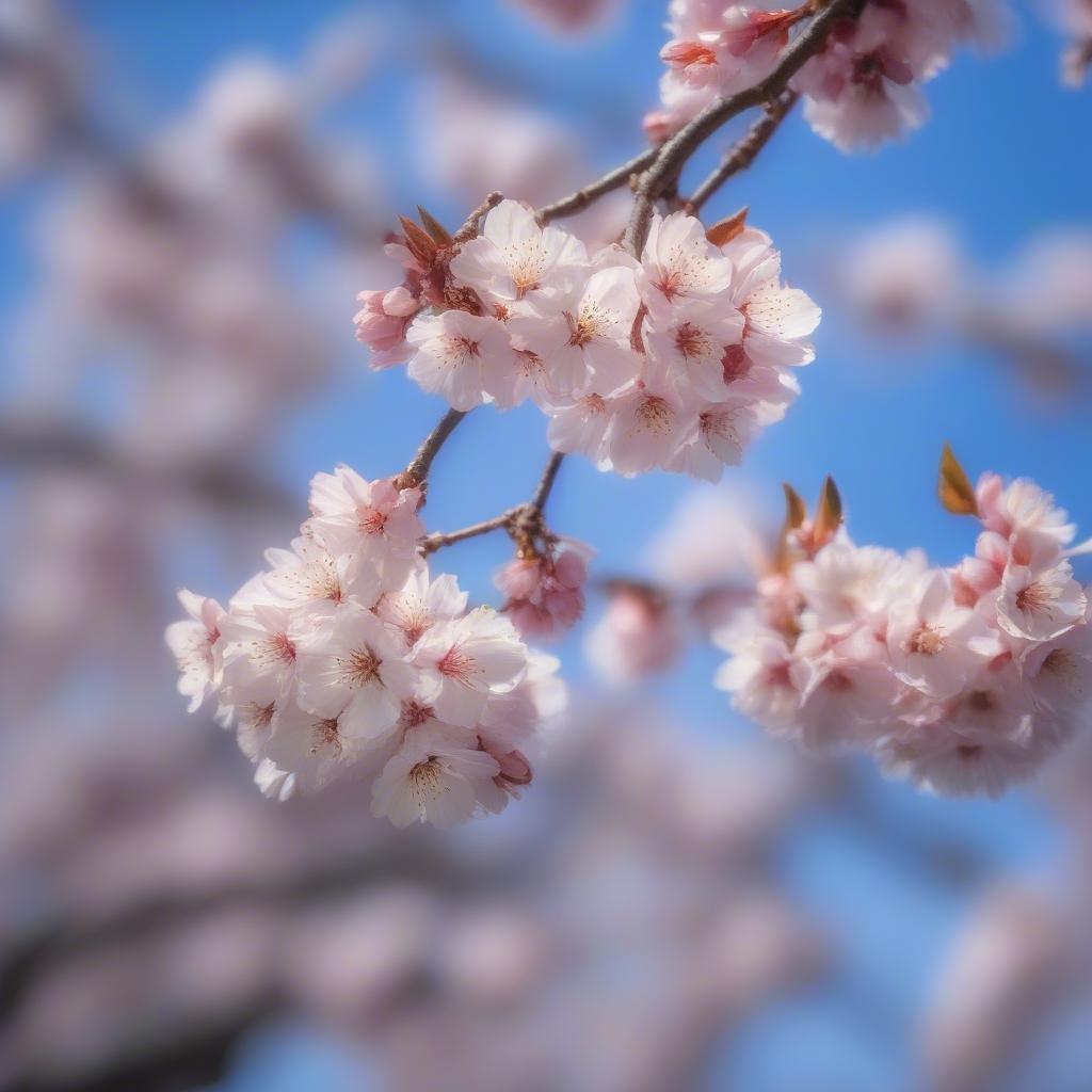 A vibrant cluster of pink cherry blossoms blooming in the clear blue sky, symbolizing springtime beauty and renewal. This image captures the essence of the season with its colorful splendor.