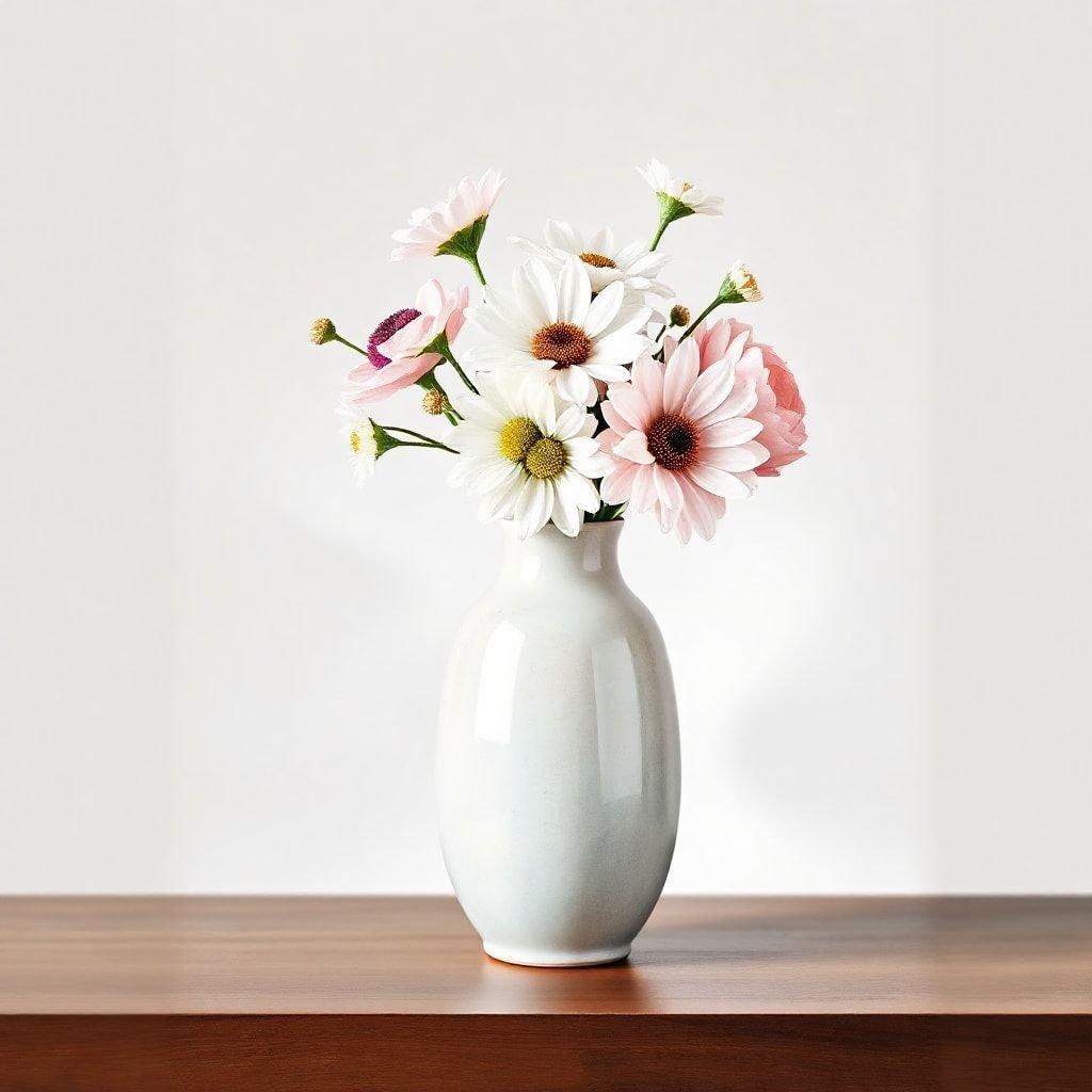 A delightful arrangement of flowers in a minimalist vase.