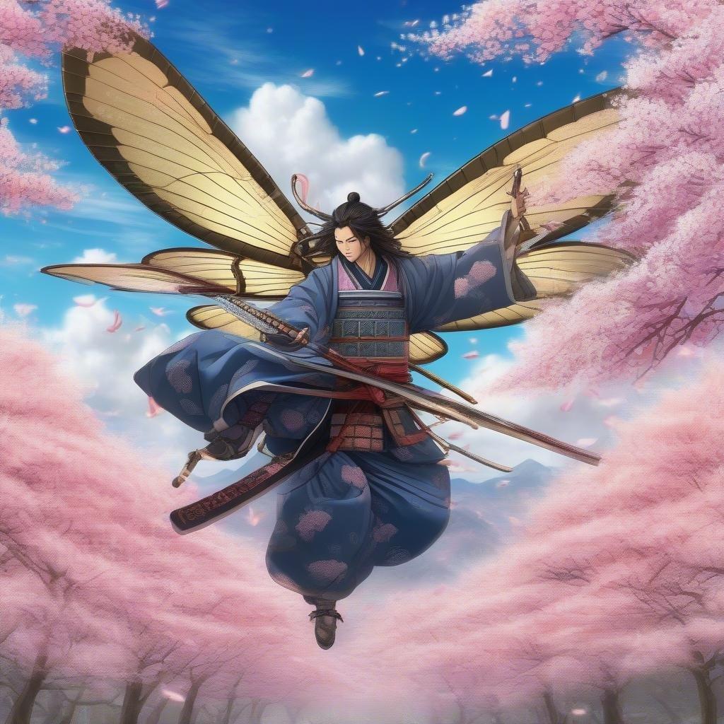 A dynamic anime scene featuring a samurai in traditional armor soaring on the back of a majestic dragonfly, surrounded by a flourishing field of cherry blossom trees under a vibrant blue sky.