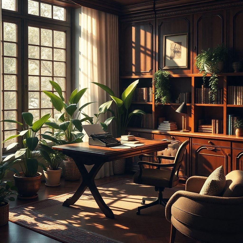 A cozy, well-lit study room with wooden bookshelves filled with books and decorated with plants.