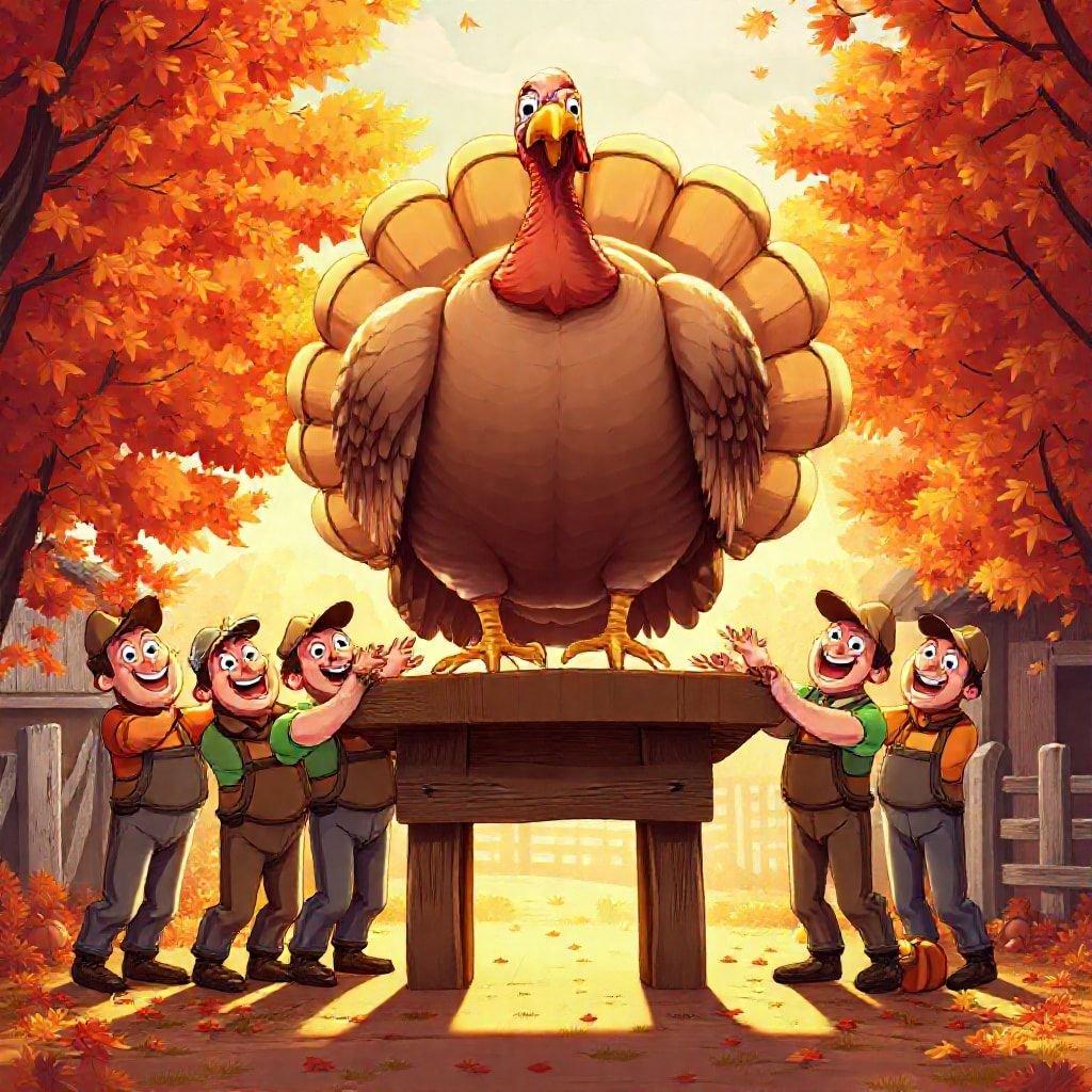 This wallpaper is perfect for the Thanksgiving season, with a big turkey in the middle of a table surrounded by four men. The image is set in an autumnal scene with orange and yellow leaves on the trees, creating a cozy and festive atmosphere.