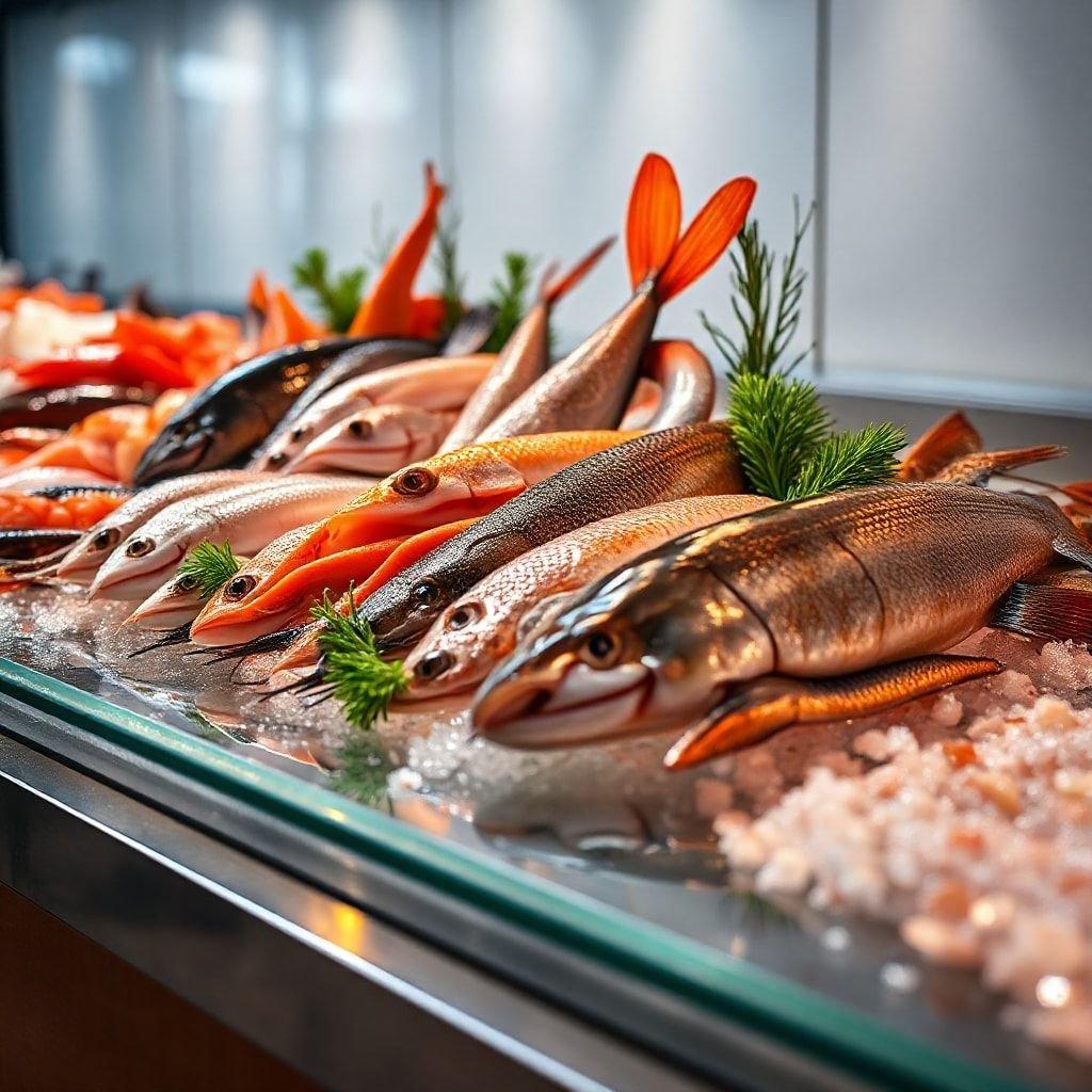 Una selezione di frutti di mare freschi, tra cui filetti di salmone e pesci interi, esposti in vendita o per il servizio. Una presentazione vivace in un contenitore trasparente che invita i clienti a scegliere.