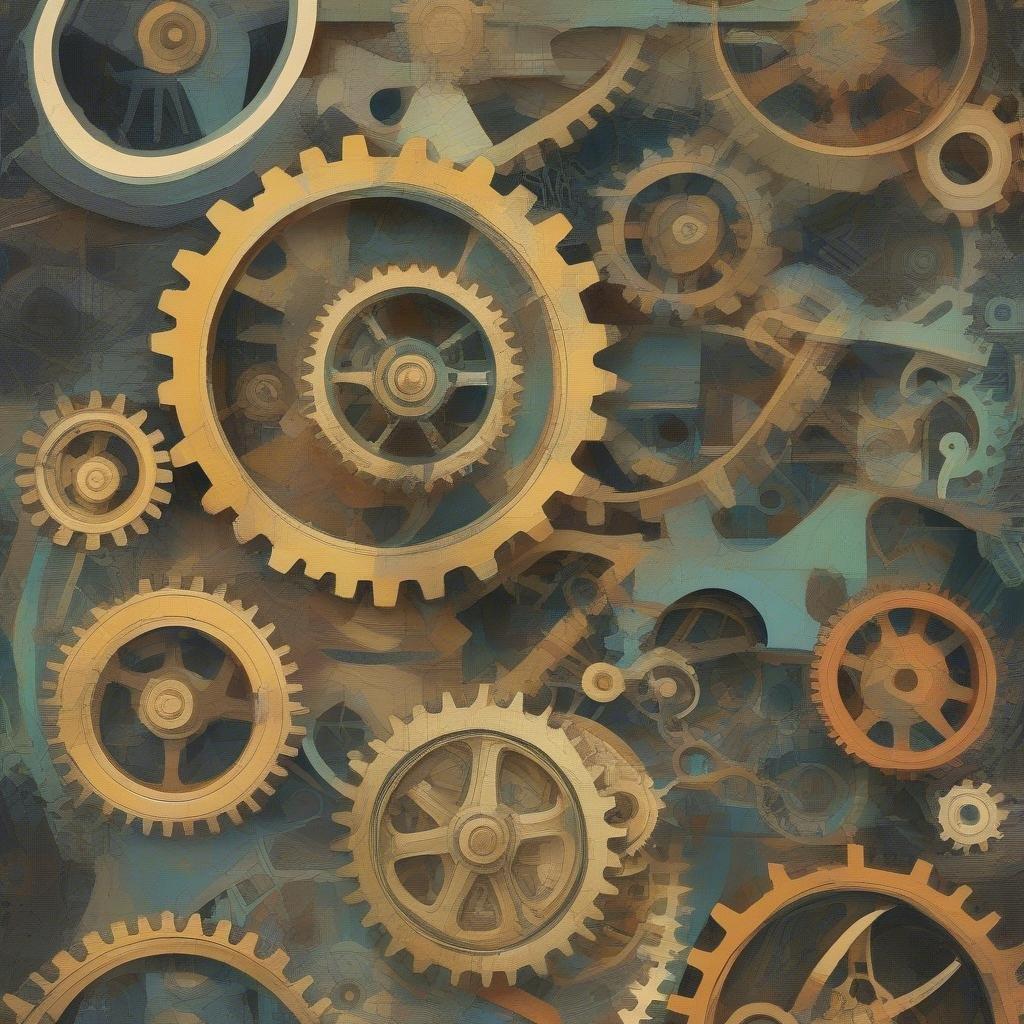 This image features a collection of gears and cogs in various sizes and shapes, set against a dark gray background. The light brown color of the gears gives them a realistic appearance, and the overall effect is one of industrial or mechanical complexity.