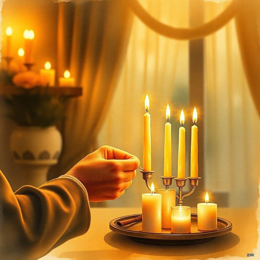 En fredelig Hanukkah-scene med en hånd, der tænder lys, perfekt til desktop- og mobilbaggrunde.