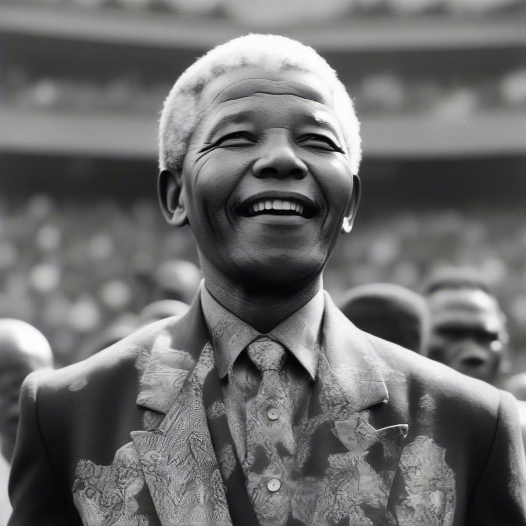 Nelson Mandela radiates joy at a crowded stadium, a testament to the enduring spirit of peace and human dignity.