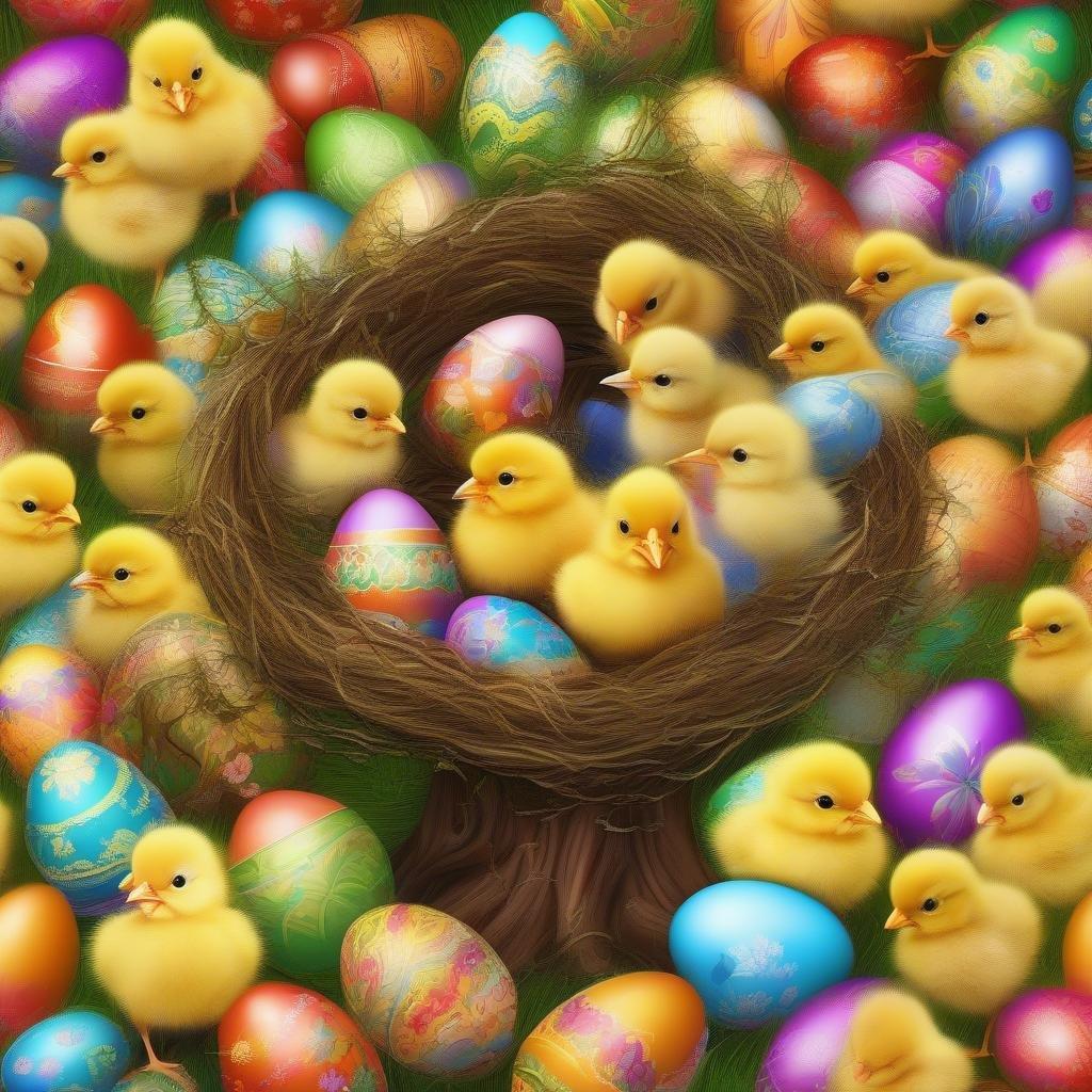 A joyful scene of baby chicks pecking at colorful Easter eggs.