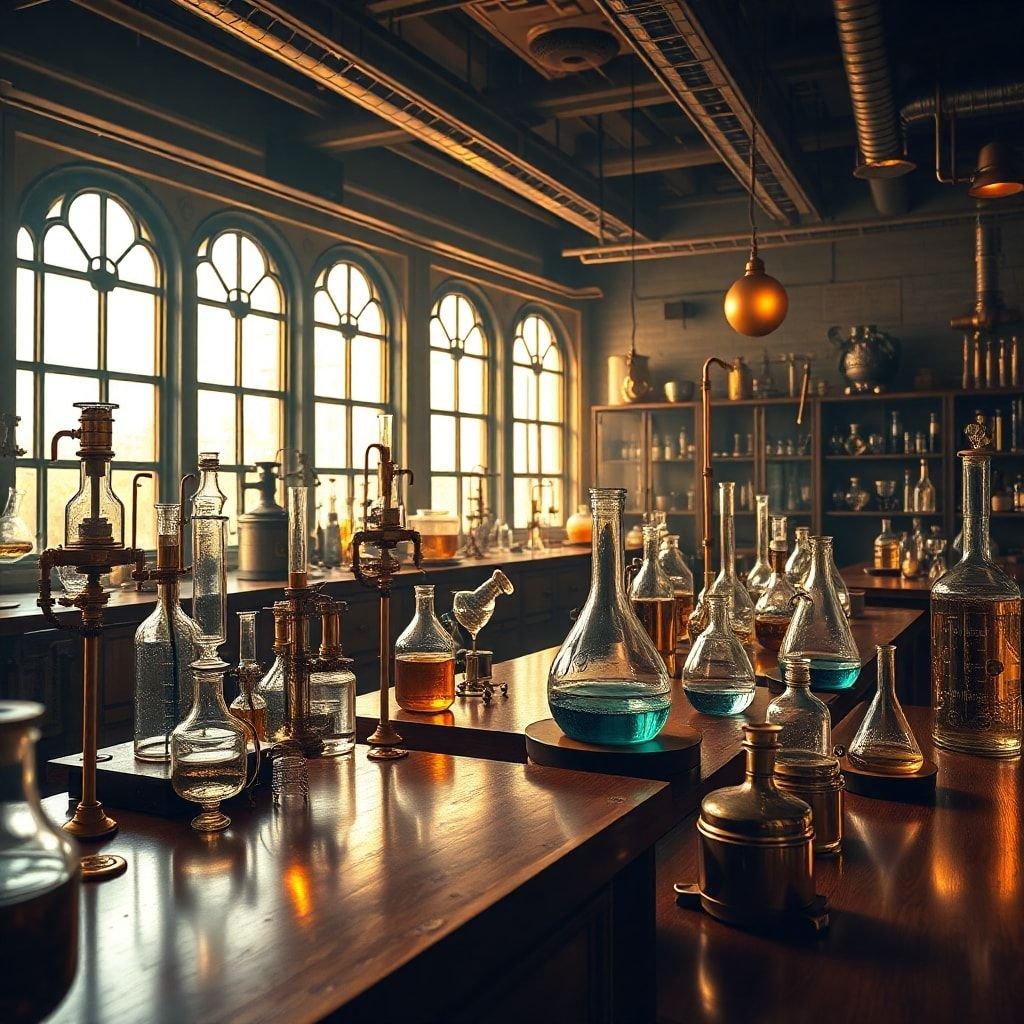 Step into a bygone era with this captivating vintage laboratory scene. The dimly lit room is filled with an assortment of antique scientific equipment, each piece telling a story of innovation and discovery.