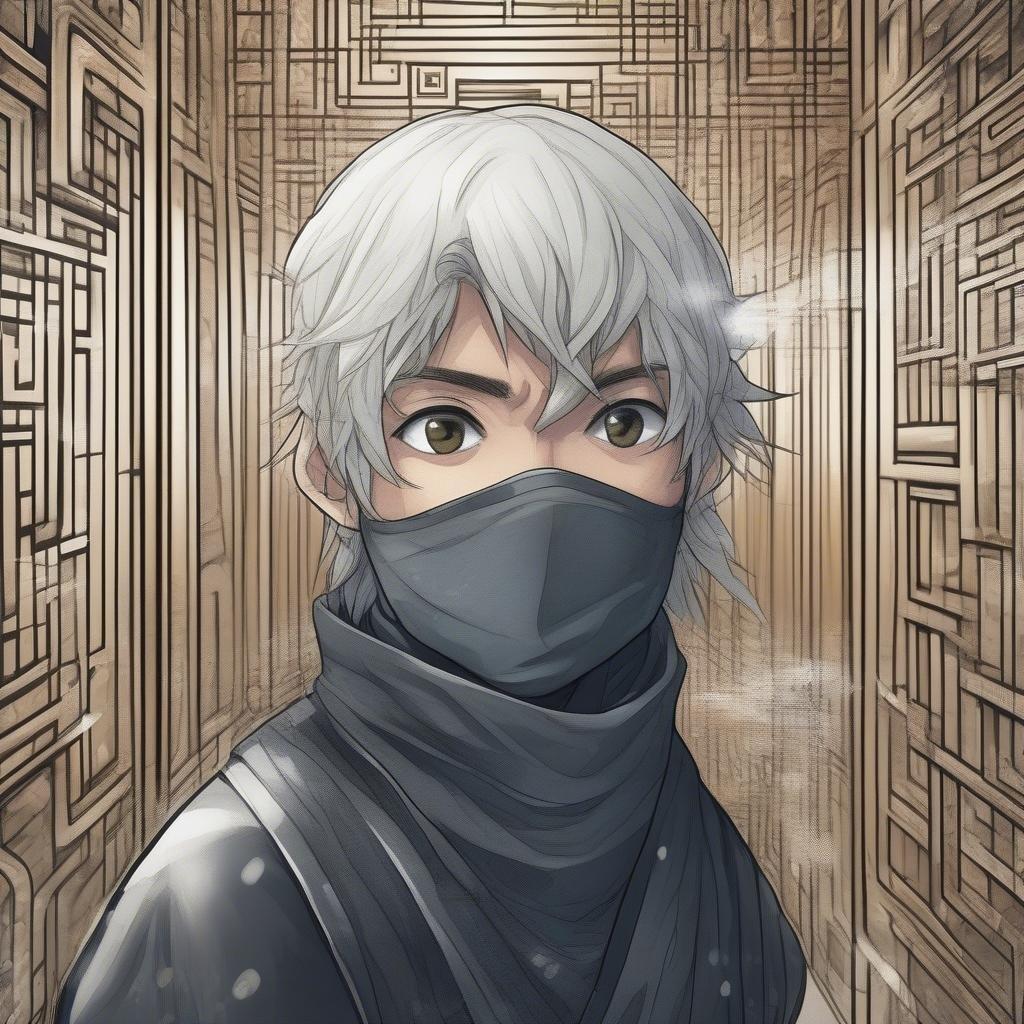 Un jeune ninja navigue à travers un labyrinthe complexe de miroirs dans cette illustration anime détaillée. L'accent est mis sur le visage expressif du ninja, transmettant un sentiment de contemplation silencieuse au milieu du danger potentiel des murs murmurants.