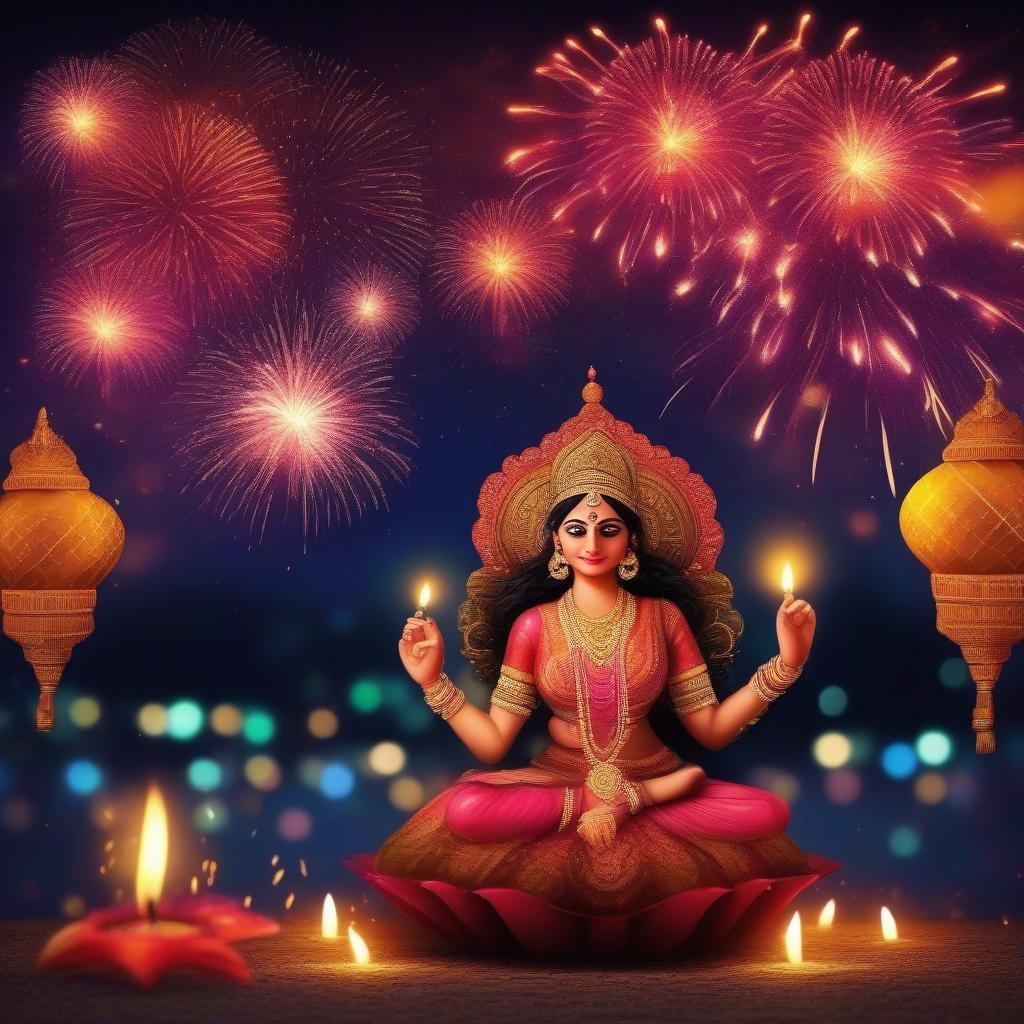 This stunning wallpaper captures the essence of Diwali, the Hindu festival of lights, with a beautiful depiction of a woman surrounded by fireworks and diyas.