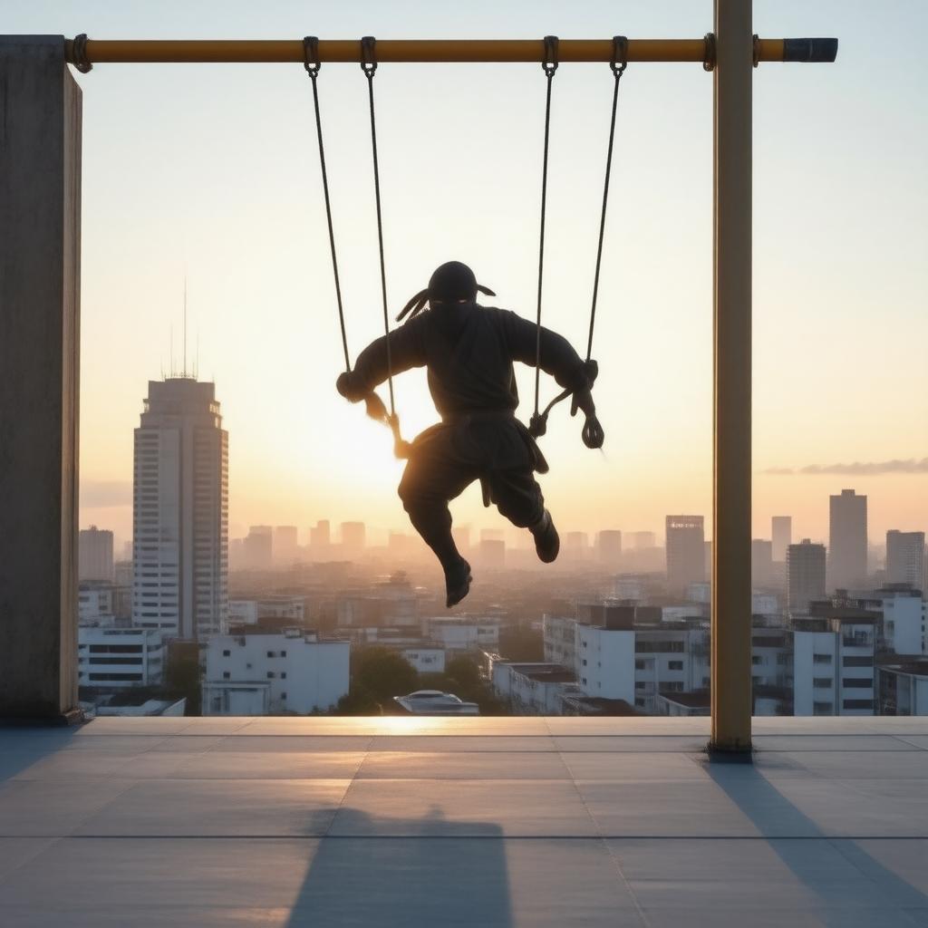 A lone ninja swings on a rooftop, surrounded by a city skyline at sunset.