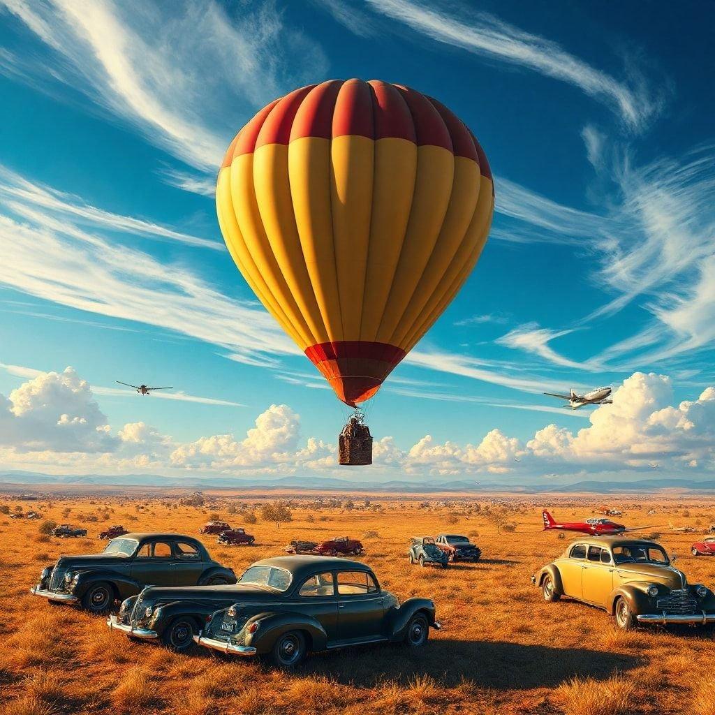 A vibrant scene of early 20th-century exploration with a balloon, cars, and planes set against the vast expanse of a desert under the clear blue sky.