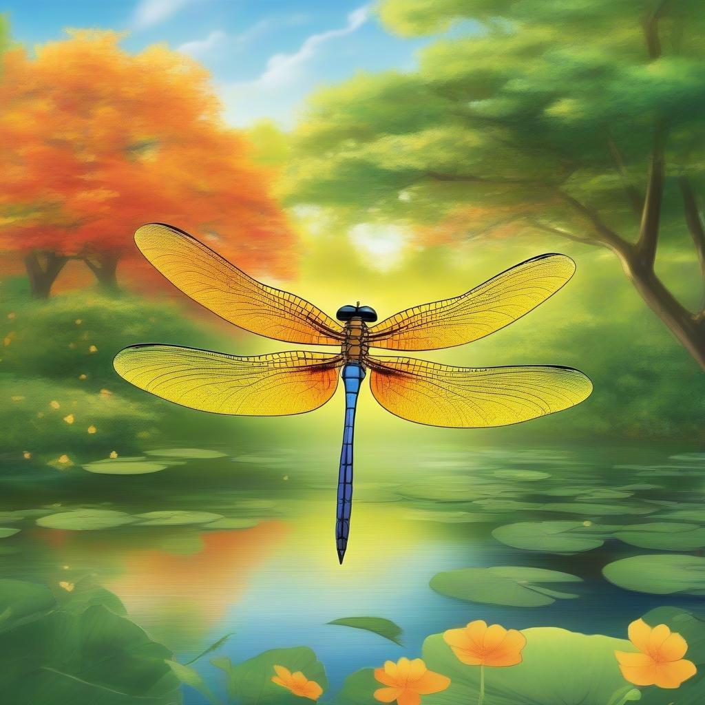 An anime depiction of a majestic dragonfly soaring above a serene Japanese garden. The vibrant colors and dynamic motion capture the essence of this graceful creature amidst tranquil scenery.