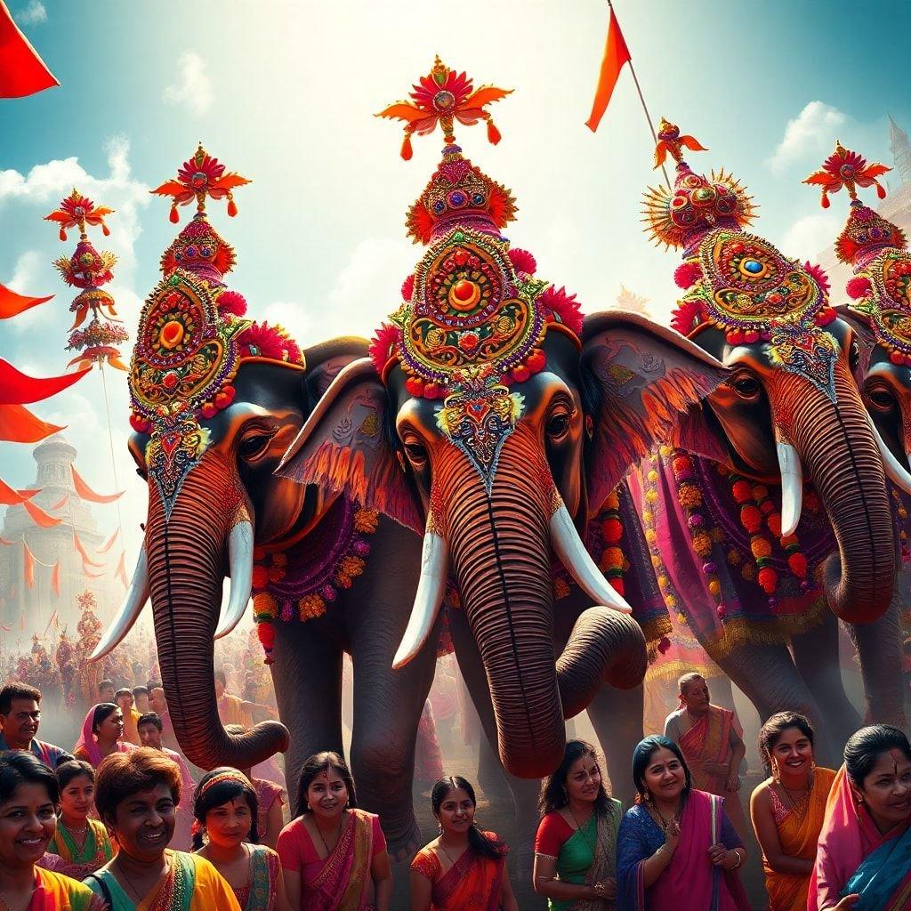 Experience the vibrant cultural heritage of India with this stunning wallpaper featuring a majestic procession of elephants adorned in traditional decorations.