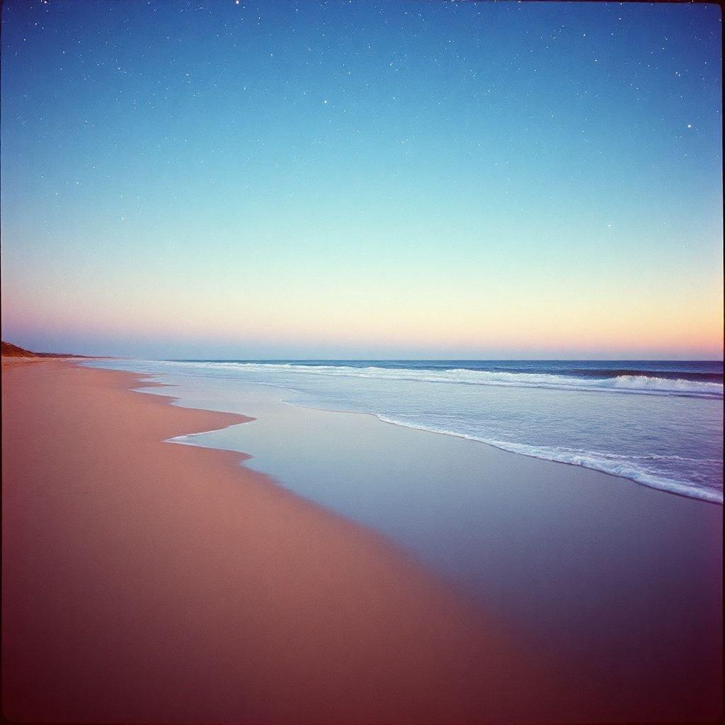 The tranquil view of an empty beach at sunset, with the sky transitioning from warm hues to cool tones. Perfect for a serene desktop or mobile wallpaper.