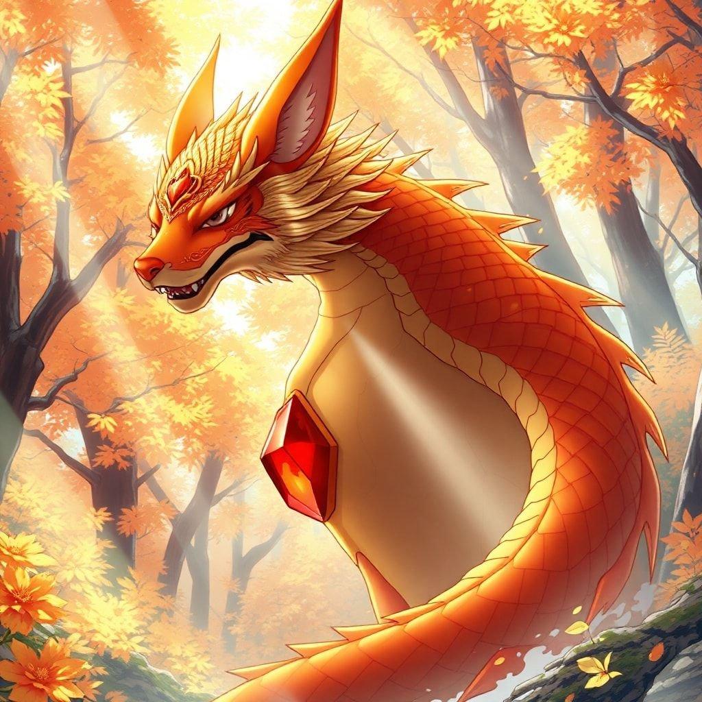 A serene anime illustration of a fox spirit transformed into a majestic dragon, exuding tranquility and mystique.