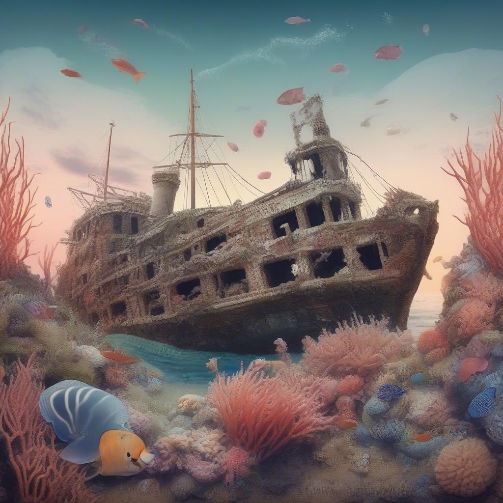 A majestic ship, once grand but now broken and beached, surrounded by the vibrancy of marine life.