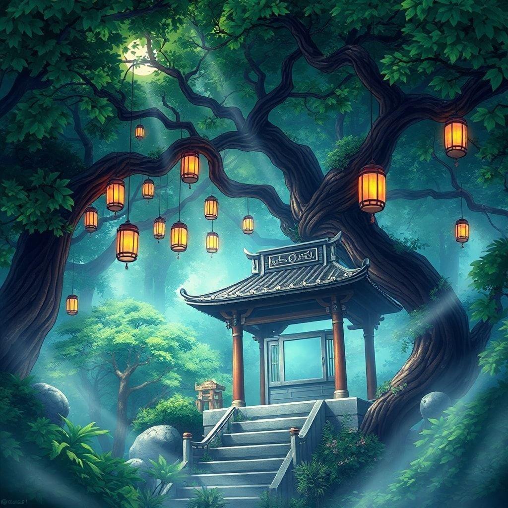 An enchanting anime illustration depicts a traditional shrine nestled in a dense forest under a night sky. The lanterns hanging from the trees create a mystical ambiance, blending modern and ancient elements to create a serene scene. The green and purple hues evoke a sense of calm and tranquility.