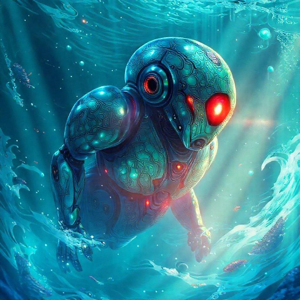 An intriguing deep sea exploration with an anthropomorphic robot emerging from the depths, emitting a glowing red eye. The futuristic robot is adorned in a vibrant blue and green patterned body, while the backdrop reveals the expansive beauty of an underwater world.