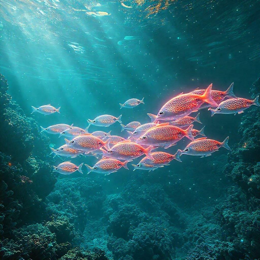 This stunning wallpaper features a vibrant school of fish swimming in the ocean, creating a mesmerizing display of color and movement. The image is perfect for anyone who loves the ocean and wants to bring a touch of nature to their desktop or mobile device.