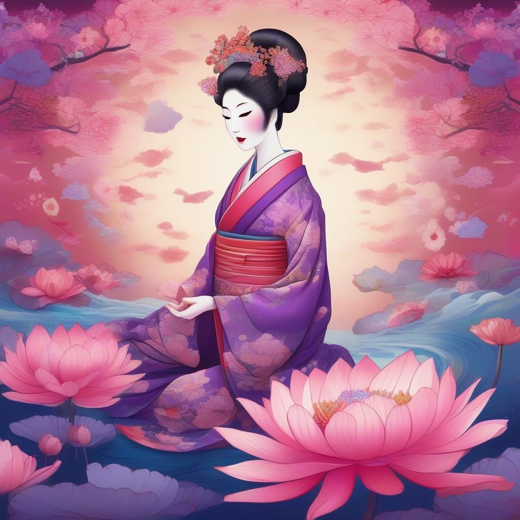 Elegante Geisha, die in einem ruhigen Meer aus zarten Blüten eingetaucht ist und eine bezaubernde Szene aus einer von Anime inspirierten Fantasie heraufbeschwört.