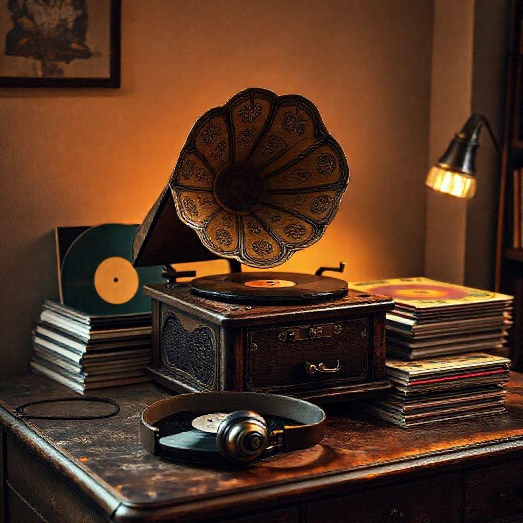 A cozy vintage music setup, featuring an old-style gramophone with a stack of albums ready to spin some tunes. The warm and nostalgic ambiance of this scene is perfect for a relaxing listen.