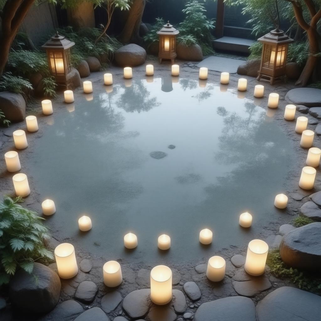 Immerse yourself in the tranquility of a Zen garden, where the soft glow of white candles and lanterns harmonizes with the natural beauty of the surroundings.