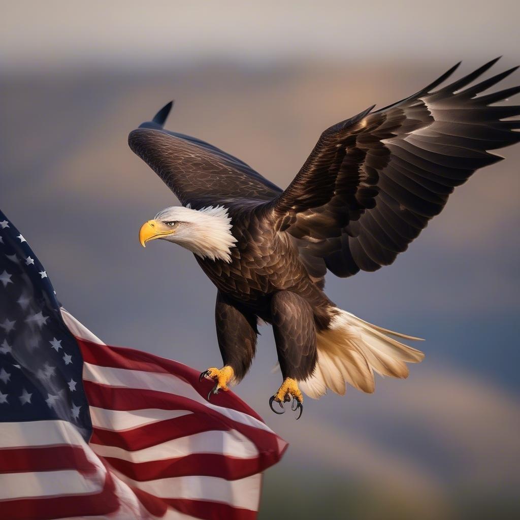 A majestic bald eagle soaring with the American flag, symbolizing national pride and freedom.