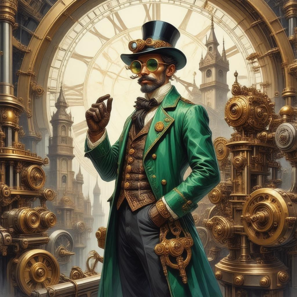 Kliva in i en värld av underverk med denna fantastiska steampunk-bakgrund, där en lysande uppfinnare står mitt i en labyrint av kugghjul och klockverk. De livfulla gröna och gyllene nyanserna av uppfinnarens kläder framträder mot den intrikata bakgrunden och skapar en visuellt slående scen som är perfekt för användning på skrivbord och mobil.