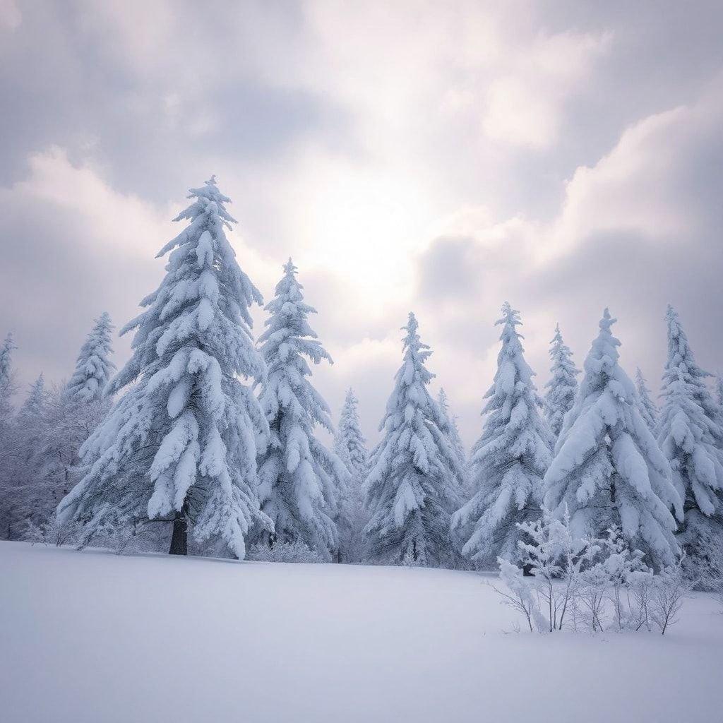 A serene winter scene with tall pine trees blanketed in snow. The sky is overcast, casting a soft light on the frosted landscape. Perfect for a peaceful desktop wallpaper.