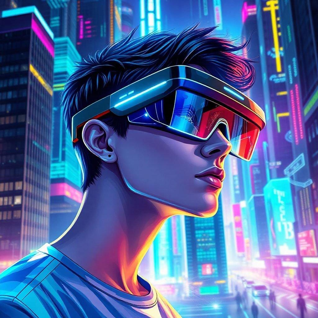 Illuminated city streets at night, with futuristic tech goggles on a young person, evoking themes of technology and urban life.