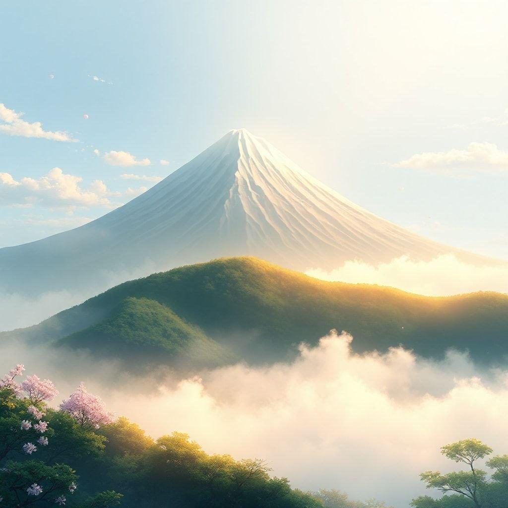 Dyk ner i den förtrollande världen av anime med denna fängslande bakgrund som visar Mount Fuji, innesluten i dimma och badad i varmt ljus.