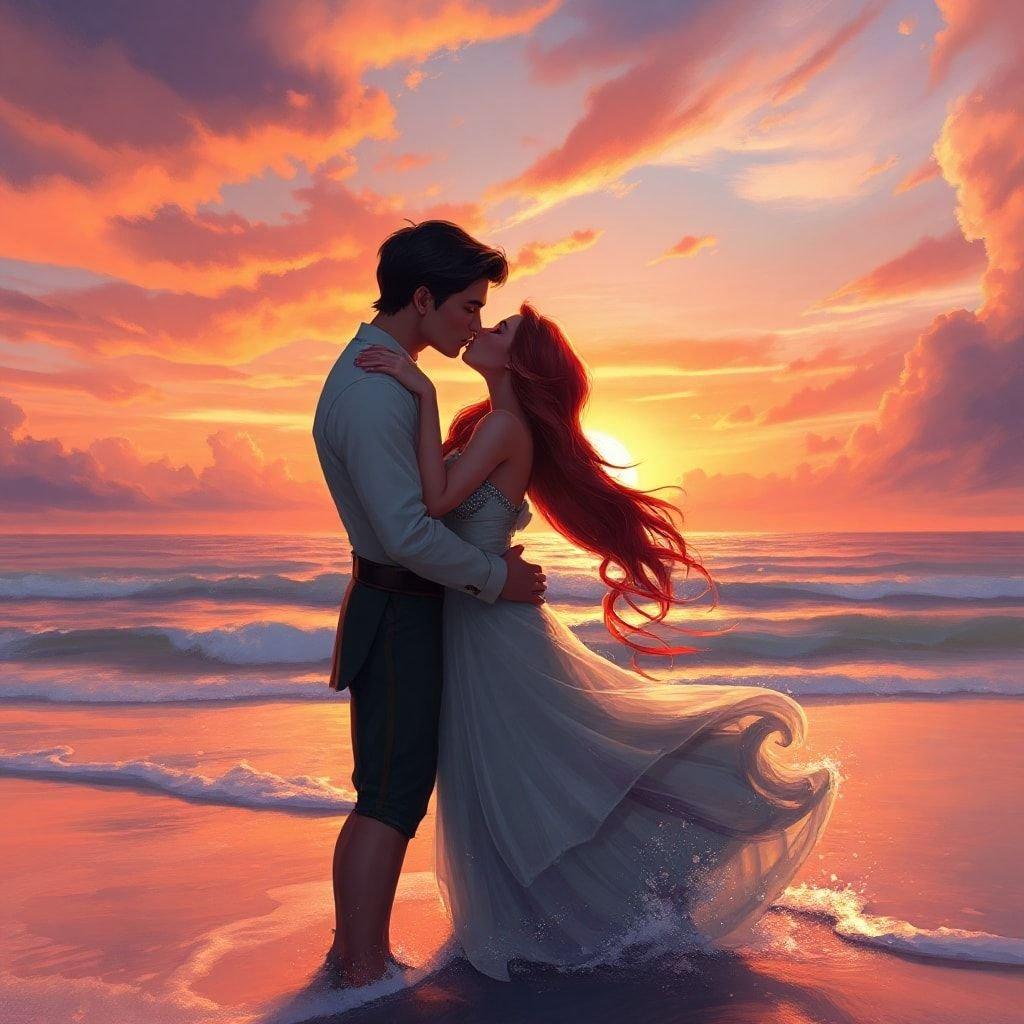 This beautiful wallpaper features Ariel and Eric from Disney's The Little Mermaid sharing a romantic kiss at sunset. The vibrant colors and serene atmosphere make it perfect for desktop and mobile use.