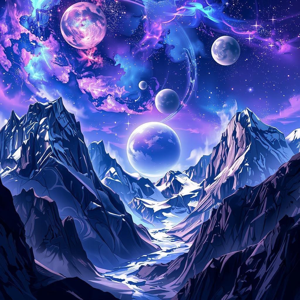 A stunning anime-style illustration of a majestic mountain range, set against a breathtaking starry sky.